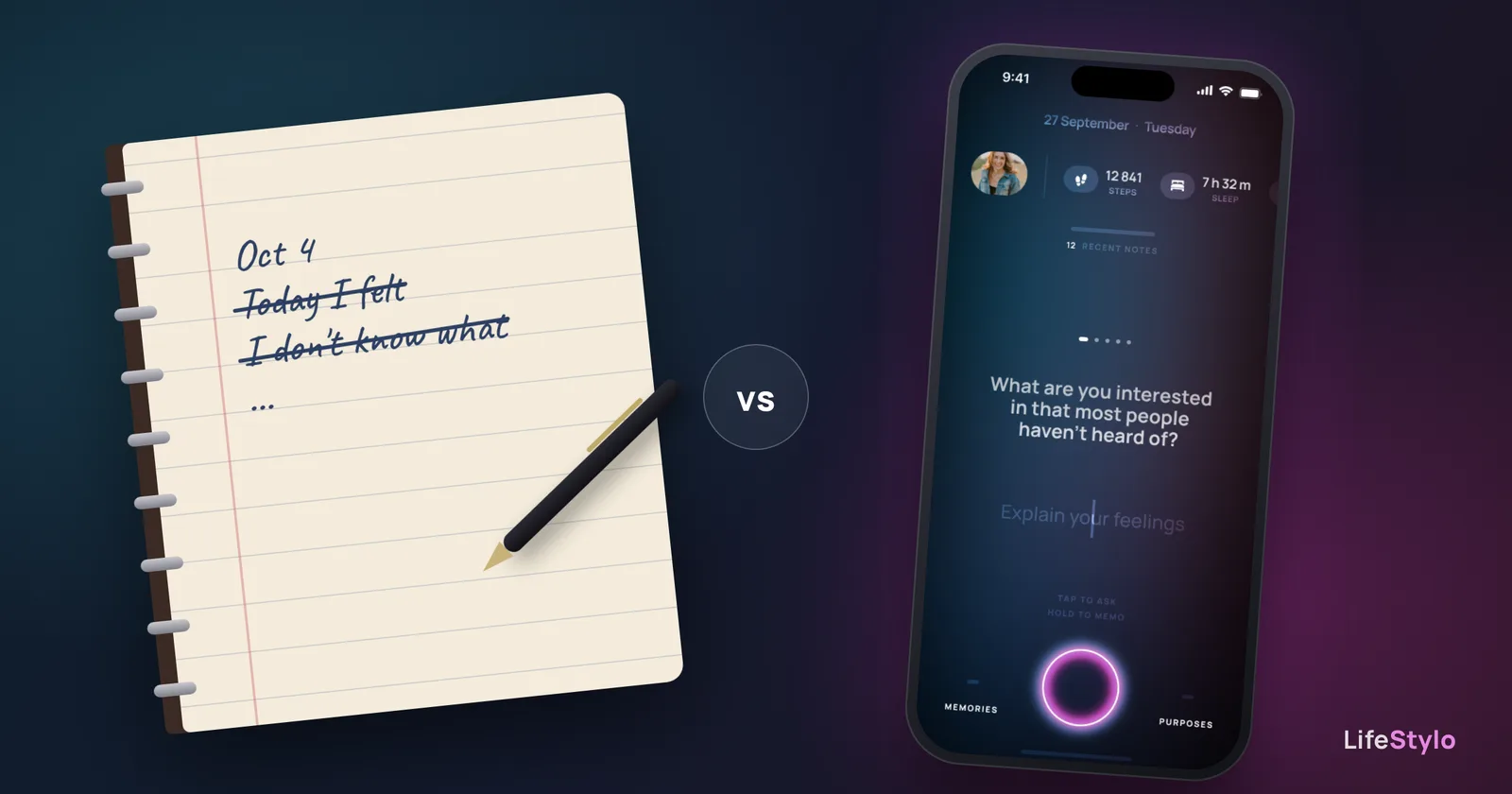 Paper journal next to the LifeStylo AI journal app on a phone